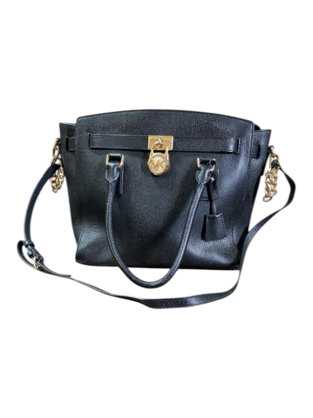 Michael Kors Large Black Leather Hamilton Satchel with Gold-Tone Lock